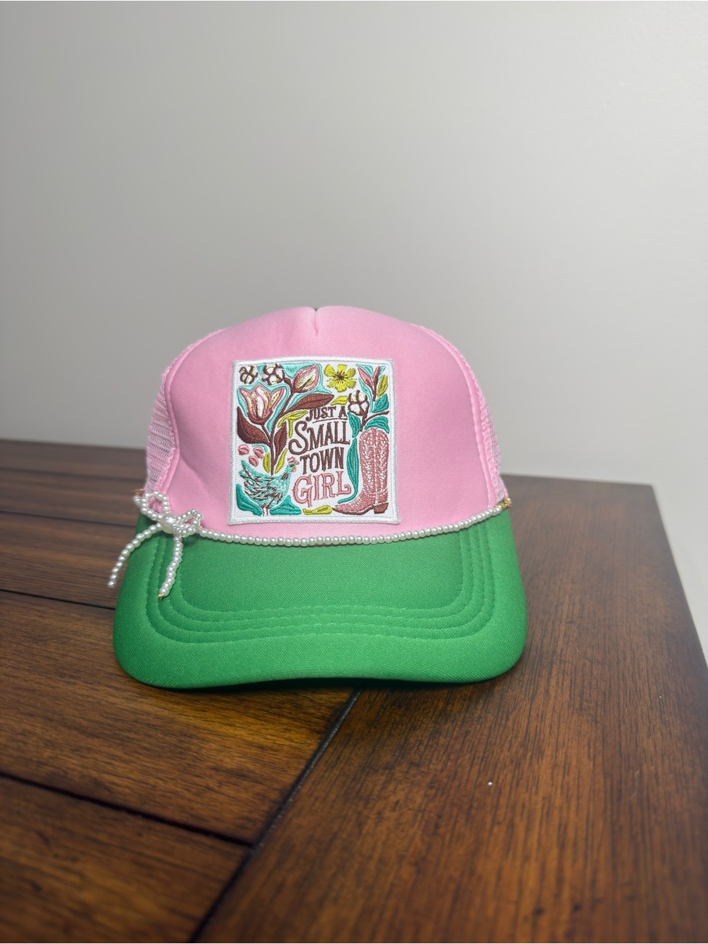 Pink & Green Trucker Hat Mesh Back Adjustable Small Town Girl Patch Women
